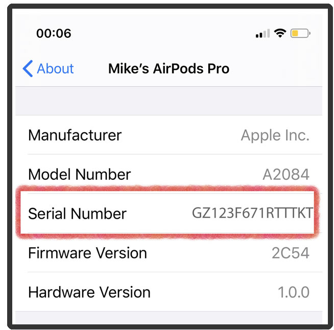 Screen Capture of Airpods Pro Real or Fake Serial Number