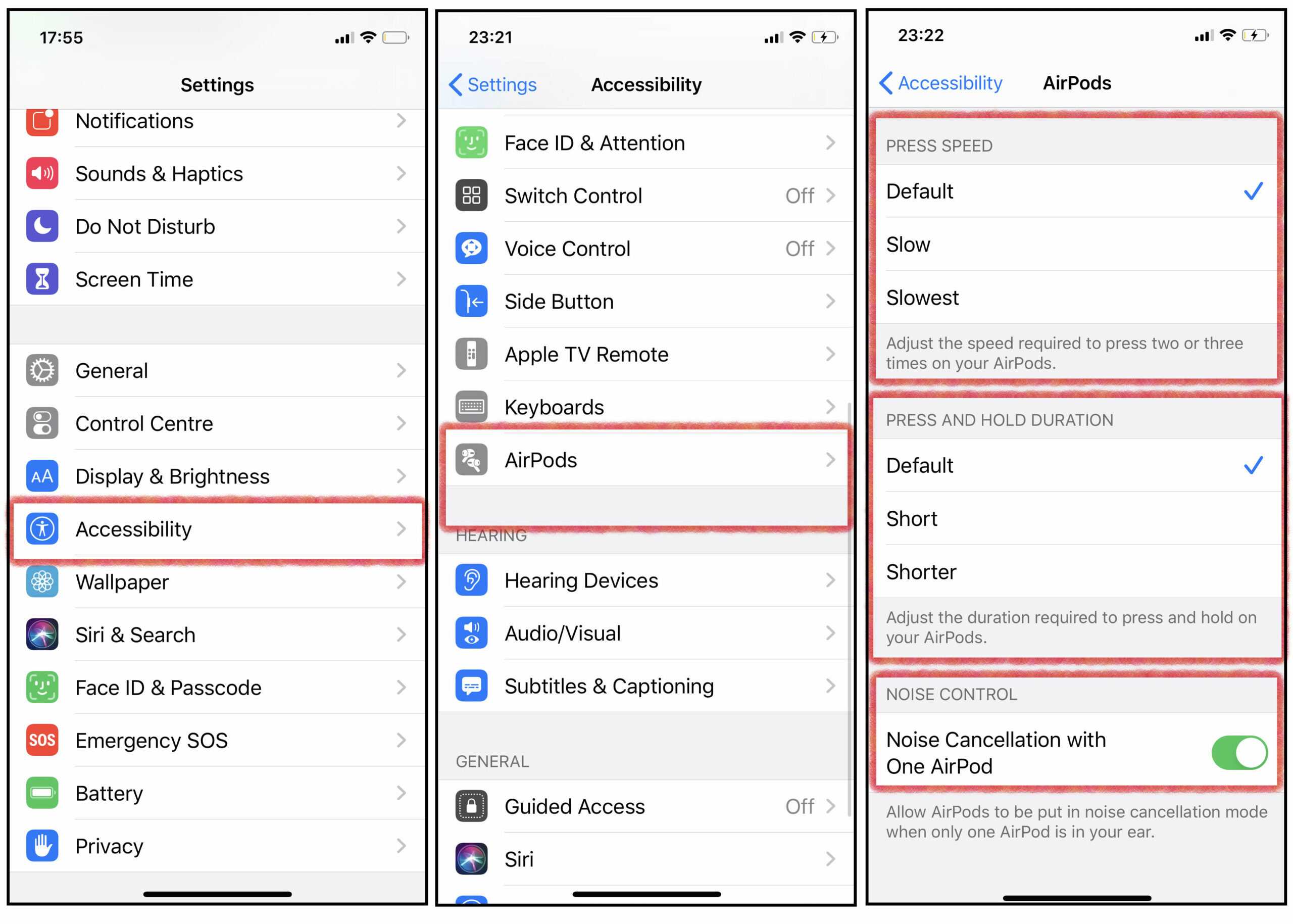 Screen Captures of AirPods Pro Accessibility Controls