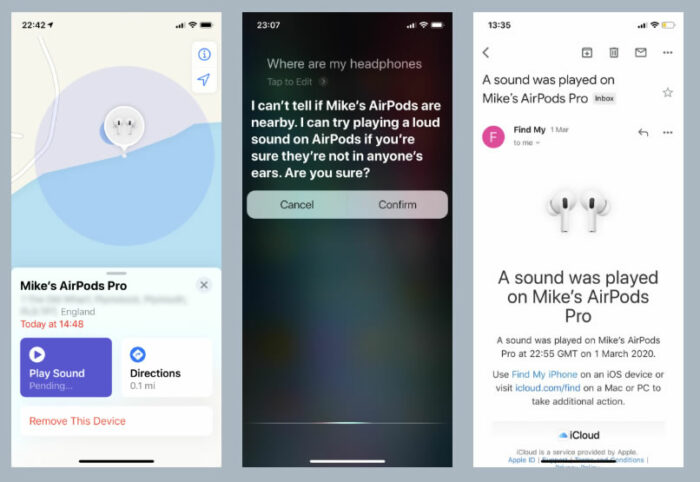 Screen captures of Airpods Pro being tracked by Apple FindMe, Siri & iCloud.